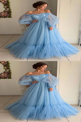 A Line Blue Tulle Off Shoulder Puffy Sleeves Long Prom Dress Evening Dress PD016