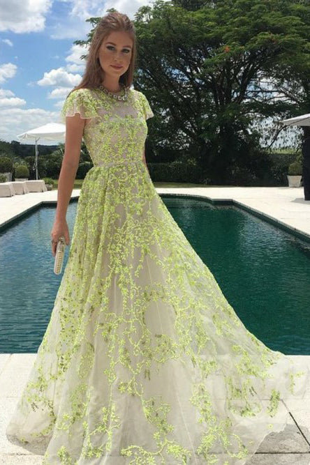 A-Line Jewel Cap Sleeves Floor-Length Daffodil Prom Dress with Appliques OHC086