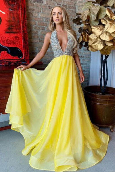 A-Line Halter Sweep Train Yellow Organza Prom Dress with Beading L009