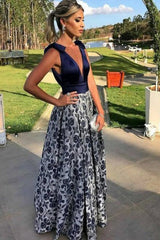 A-Line Deep V-Neck Floor-Length White Printed Prom Dress with Bowknot OHC088