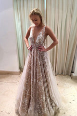 A-Line Deep V-Neck Long Backless Champagne Tulle Prom Dress with Lace OHC096