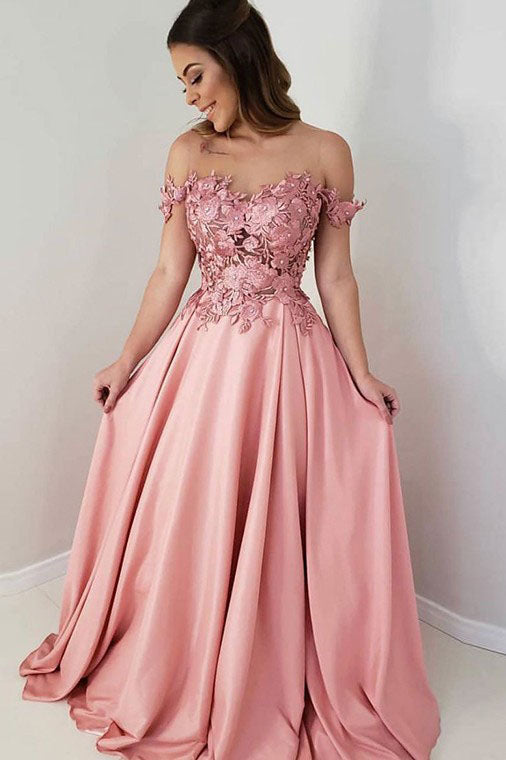 A Line Long Prom Dresses Off the Shoulder with Appliques OHC154