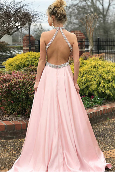 A-Line Jewel Sweep Train Pink Satin Open Back Sleeveless Prom Dress with Beading Z1