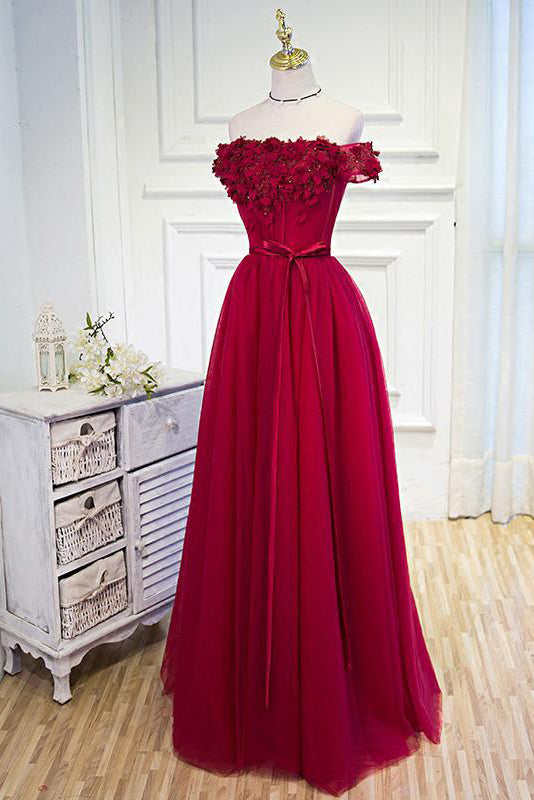 A Line Off The Shoulder Floor Length Short Sleeves Hand-Made Flower Long Burgundy Prom Dress/Evening Dress OHC127