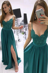 A Line Spaghetti Straps Sweep Train Sleeveless Lace Split Long Green Chiffon Prom Dress Evening Dress OHC337