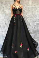 A Line Spaghetti Straps Floor Length Sleeveless Embroidery Long Tulle Prom Dress OHC212