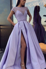 A-Line Crew Cap Sleeves Open Back Lilac Beaded Long Prom Dress with Pockets Split L035
