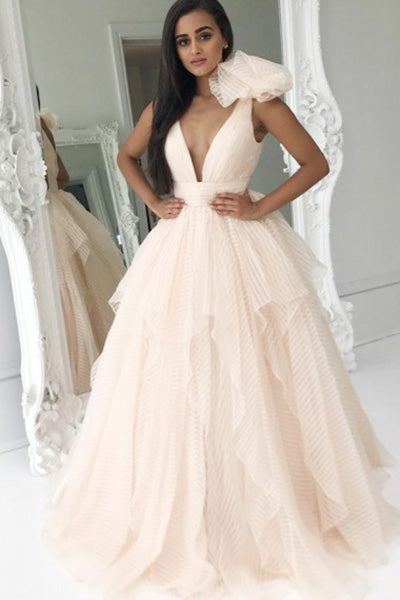 A-Line Deep V-Neck Sweep Train Pearl Pink Striped Tulle Prom Dress with Flower Ruffles Z8