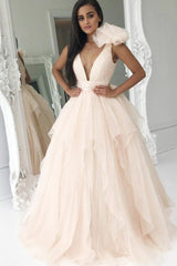 A-Line Deep V-Neck Sweep Train Pearl Pink Striped Tulle Prom Dress with Flower Ruffles Z8