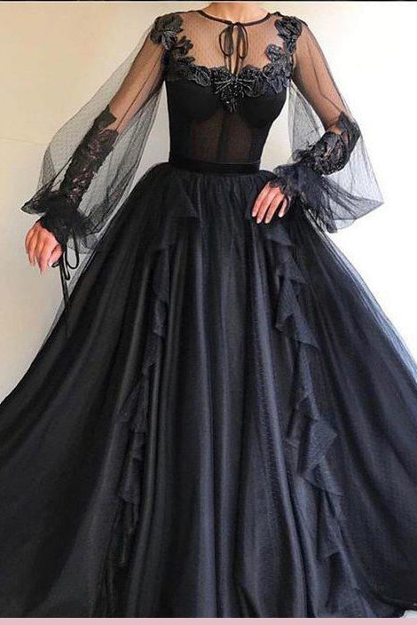 A Line Scoop Neck Long Sleeves Applique Long Tulle Prom Dresses Evening Gowns OHC280
