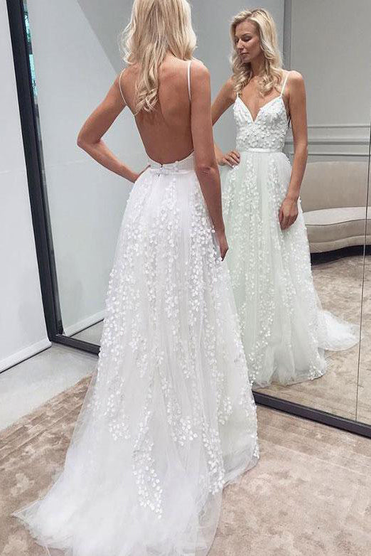 A Line Spaghetti Straps White Backless Sleeveless Tulle Wedding Dresses with Appliques OHD106