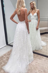 A Line Spaghetti Straps White Backless Sleeveless Tulle Wedding Dresses with Appliques OHD106