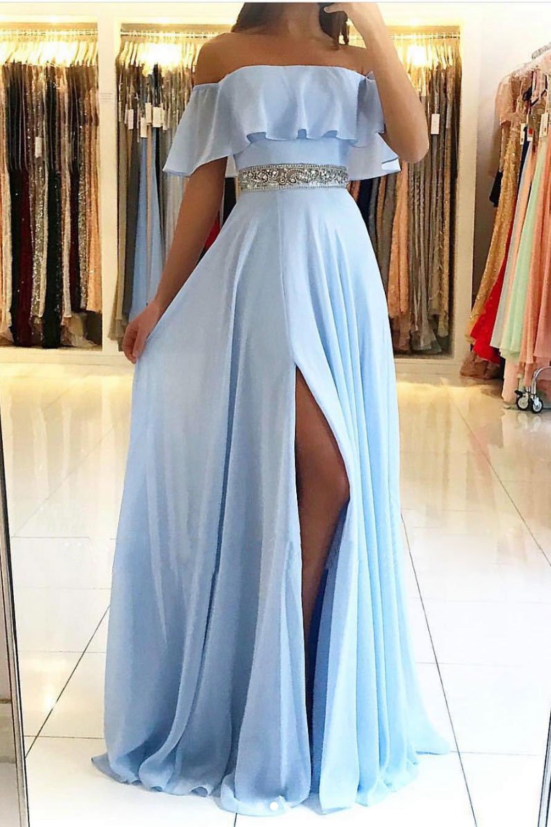A Line Short Sleeves Blue Chiffon Strapless Long Beaded Waistline Prom Dress Blue Evening Dress OHC375