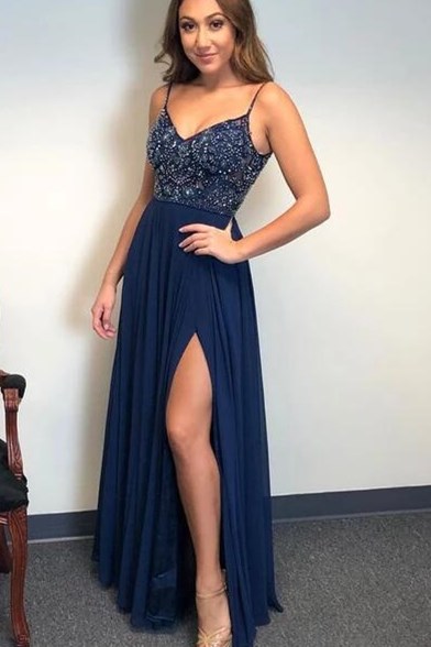 A Line Spaghetti Straps Sleeveless Beaded Long Prom Dress Split OHC151