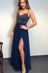 A Line Spaghetti Straps Sleeveless Beaded Long Prom Dress Split OHC151