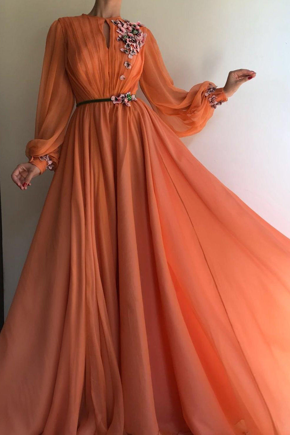 A-line High Neck Hand-Made Flowers Long Sleeves Long Chiffon Prom Dresses Long Evening Dress OHC243