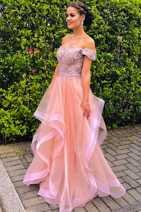 A Line Off The Shoulder Lace Strapless Short Sleeves Long Pink Tulle Prom Dress Evening Dress OHC362