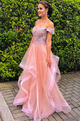 A Line Off The Shoulder Lace Strapless Short Sleeves Long Pink Tulle Prom Dress Evening Dress OHC362