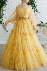 A Line Off The Shoulder Long Sleeves Lace Applique Beading Long Yellow Tulle Prom/Formal Dress OHC334