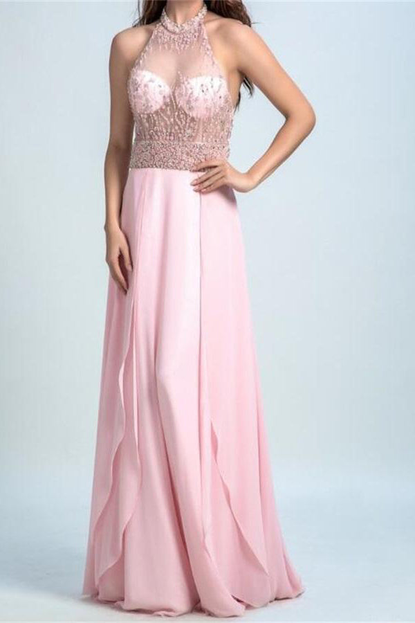 A Line Halter Floor Length Chiffon Rhinestone Long Pink Prom Dresses OHC523