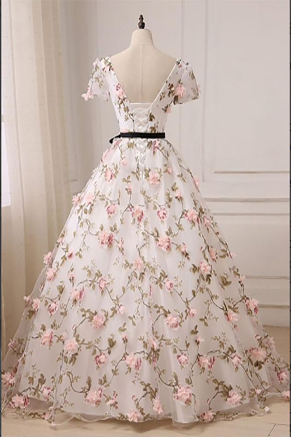 A-Line Floor Length V-Neck Prom Dresses Tulle Appliqued Long Prom Dresses With Short Sleeves LPD004