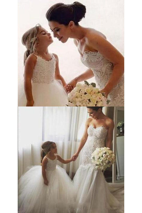 A Line Spaghetti Straps Lace Ivory Tulle Flower Girl Dresses  OHR024