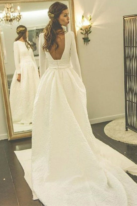 A-Line Bateau Backless Satin Wedding Dress with Pockets Sleeves OHD011