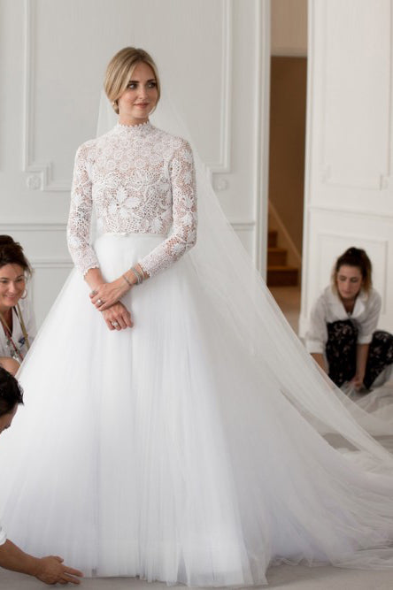 A-Line High Neck Long Sleeves Sweep Train Detachable Tulle Wedding Dress OHD113