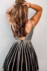 A Line Spaghetti Straps Black Short Homecoming Dresses Beading OHM077