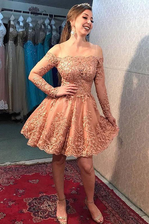 A Line Off the Shoulder Long Sleeves Homecoming Dresses with Appliques OHM026