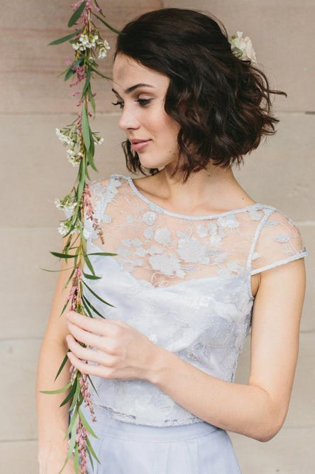 A-Line Bateau Cap Sleeves Hi-Low Chiffon Bridesmaid Dress with Lace OHS052