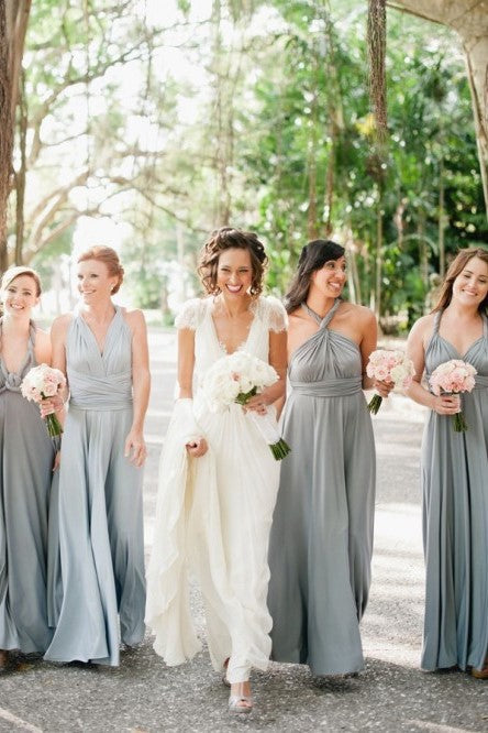 A-Line Halter Backless Floor-Length Light Grey Convertible Long Chiffon Bridesmaid Dress OHS134