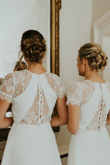 A-Line Crew Short Sleeves Hi-Low Bridesmaid Dress with Lace OHS098