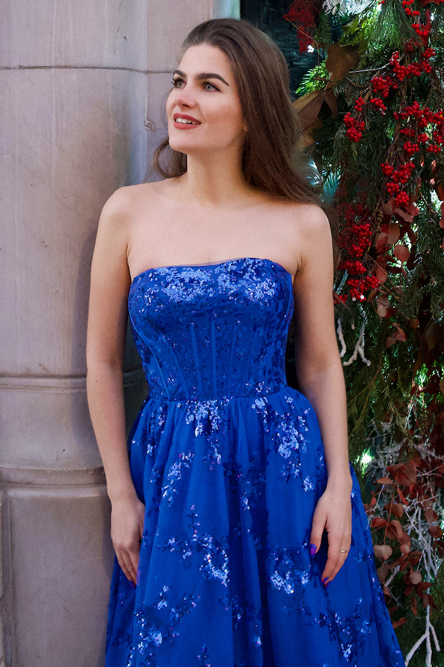A Line Strapless Pleating Long Prom Dress With Applique