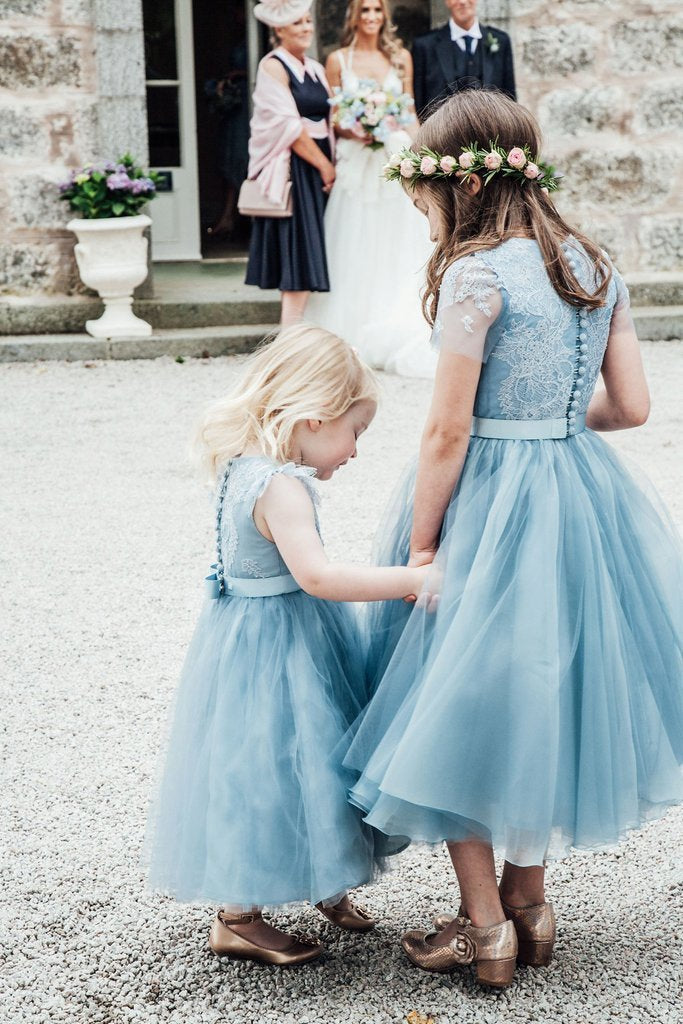 A-Line Blue Lace Top Tulle Scoop Sleeveless Cheap Flower Girl Dress OHR023