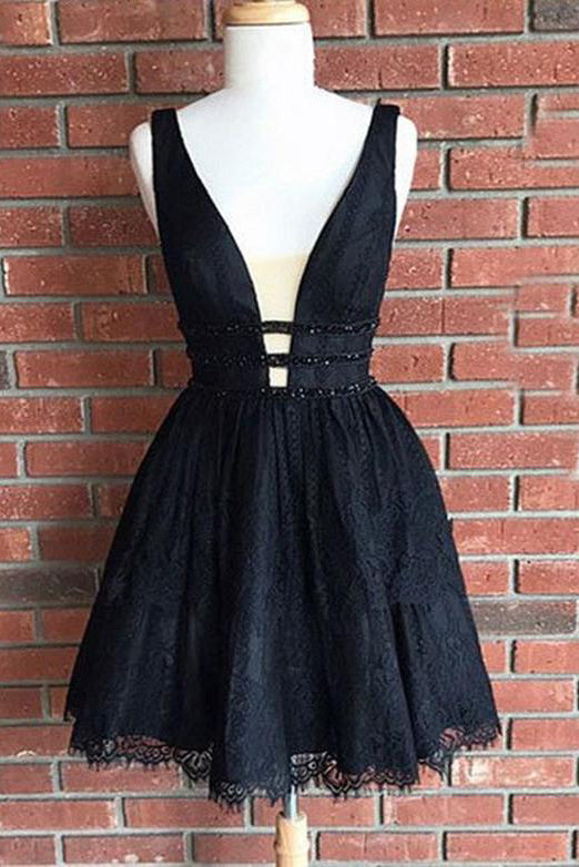 A-Line Deep V-Neck Short Black Lace Homecoming Cocktail Dress with Beading OHM009