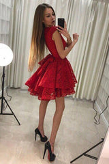 A-Line Jewel Lace Red Pleat Homecoming Dress with Tiered Skirt OHM036