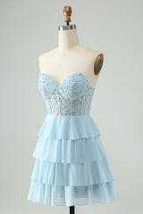 A Line Sweetheart Tiered Light Blue Short Homecoming Dress with Appliques