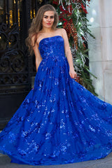 A Line Strapless Pleating Long Prom Dress With Applique