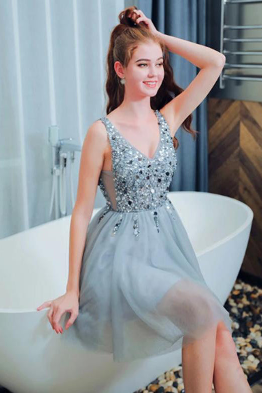 A Line V Neck Sleeveless Short Homecoming Dresses with Beading OHM025