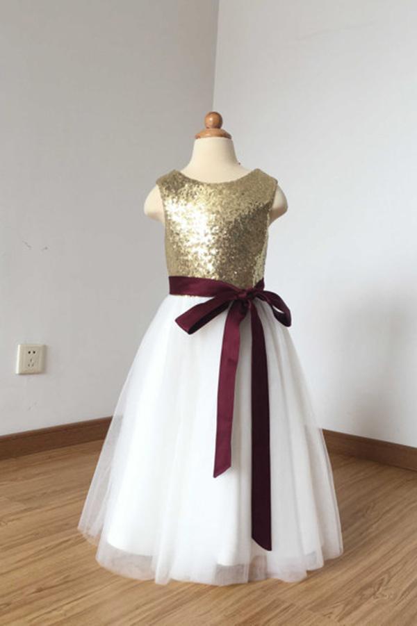 A Line Sleeveless Simple Scoop Sequins Tulle Sash Flower Girl Dress OHR029