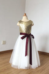 A Line Sleeveless Simple Scoop Sequins Tulle Sash Flower Girl Dress OHR029