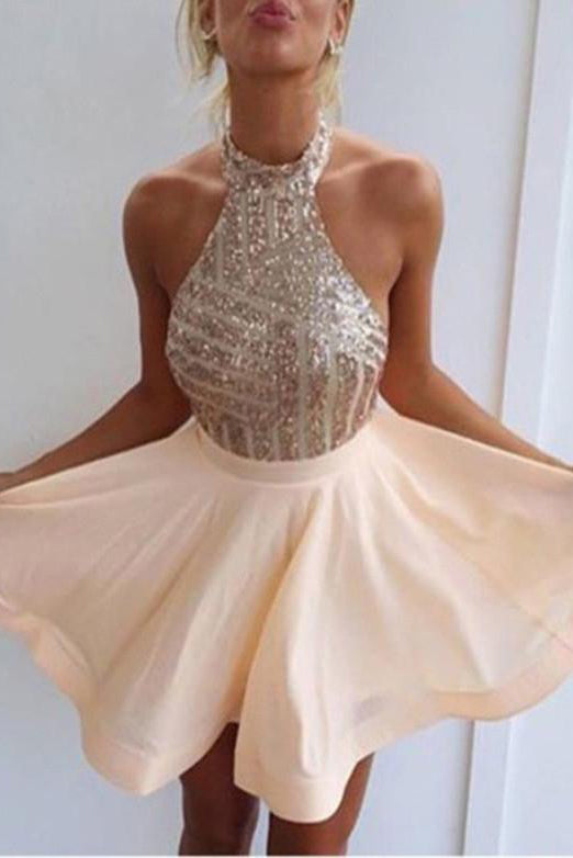 A-Line Halter Backless Sleeveless Homecoming Dresses Sequins OHM007