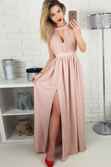 A-Line Jewel Floor-Length Blush Chiffon Prom Dress with Keyhole OHC053