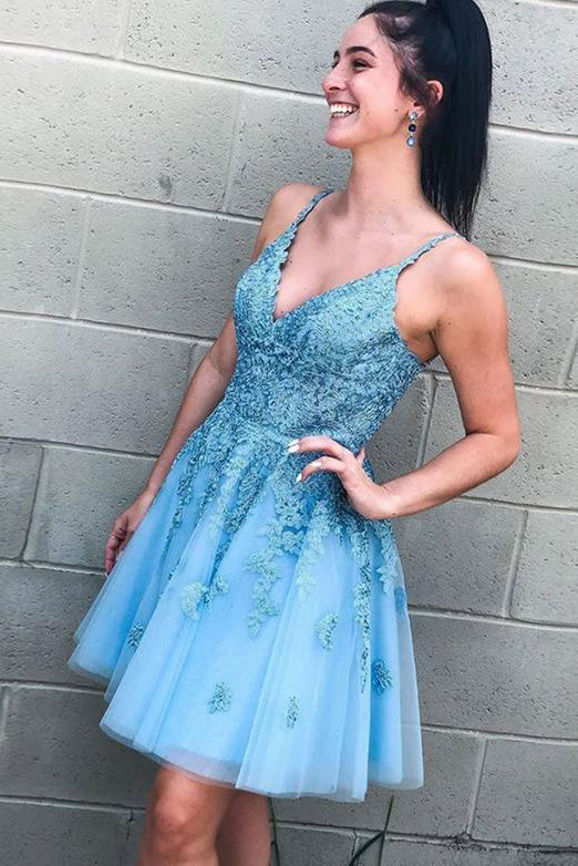 A Line Spaghetti Strap Short Homecoming Dresses with Appliques OHM011