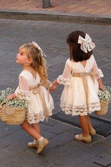 A line Long Sleeve Lace Above Knee Bowknot Flower Girl Dresses OHR027