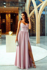 A Line Blush Prom Dress Spaghetti Strap Floor Length Prom Dress Party Dress with Split OHC459