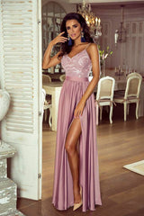 A Line Blush Prom Dress Spaghetti Strap Floor Length Prom Dress Party Dress with Split OHC459