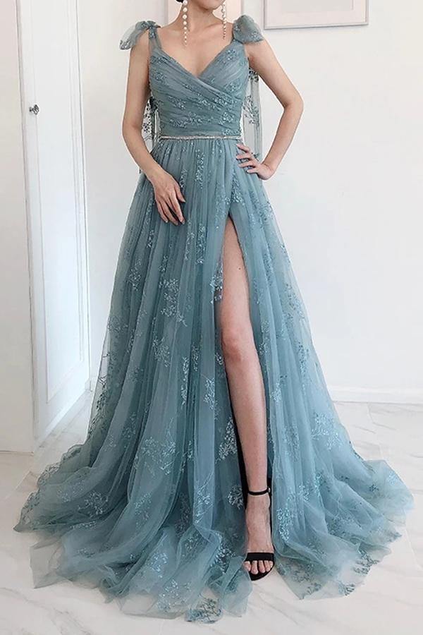 A-Line Bow Tie Straps Lace High Split Tulle Prom Dress, Evening Dress YZ211057