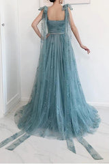 A-Line Bow Tie Straps Lace High Split Tulle Prom Dress, Evening Dress YZ211057